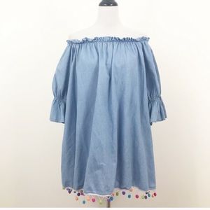 Saks 5th Ave denim oversized Pom Pom dress